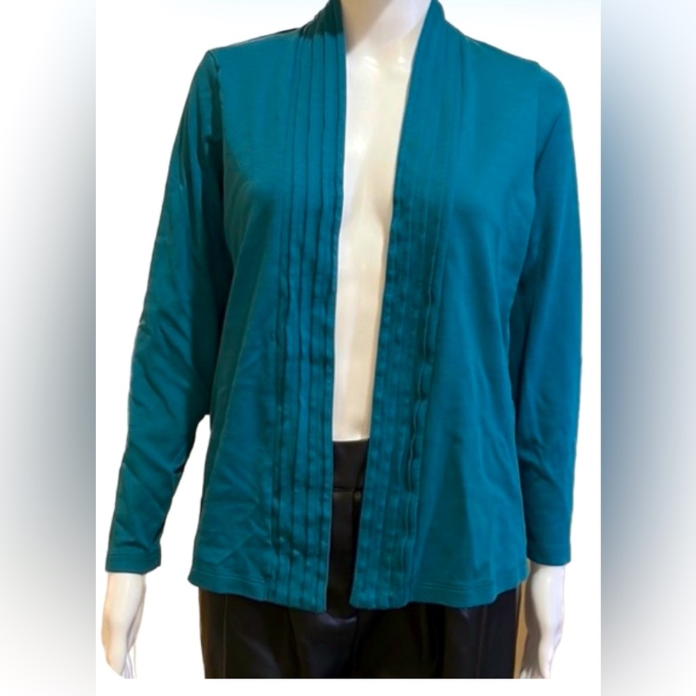 L.L. Bean Long Sleeve Open Cardigan Supima Cotton Teal Green w  Pintuck Lapel